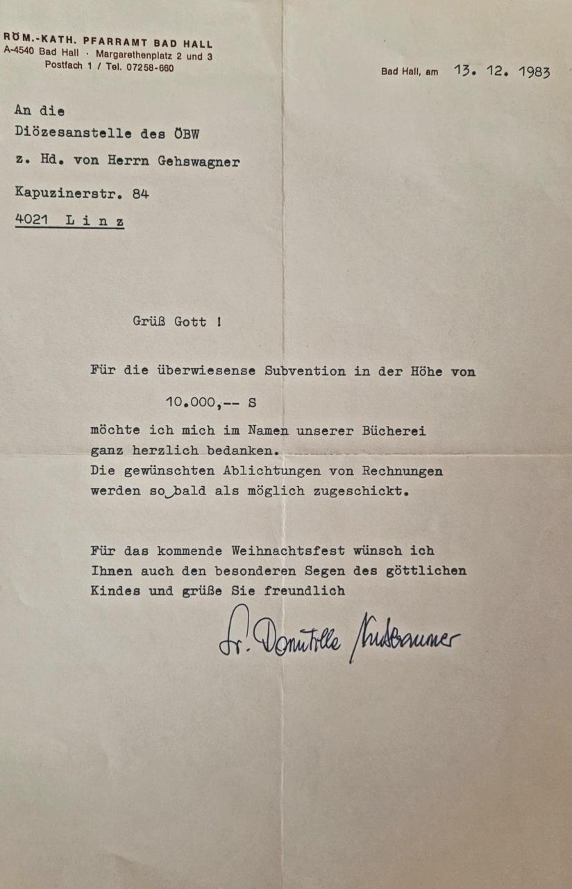 Dank f. Suventionsbewilligung 1983
