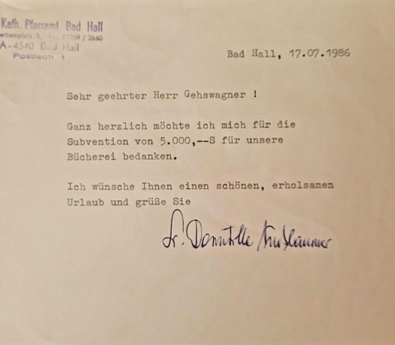 Dank f. Suventionsbewilligung 1986