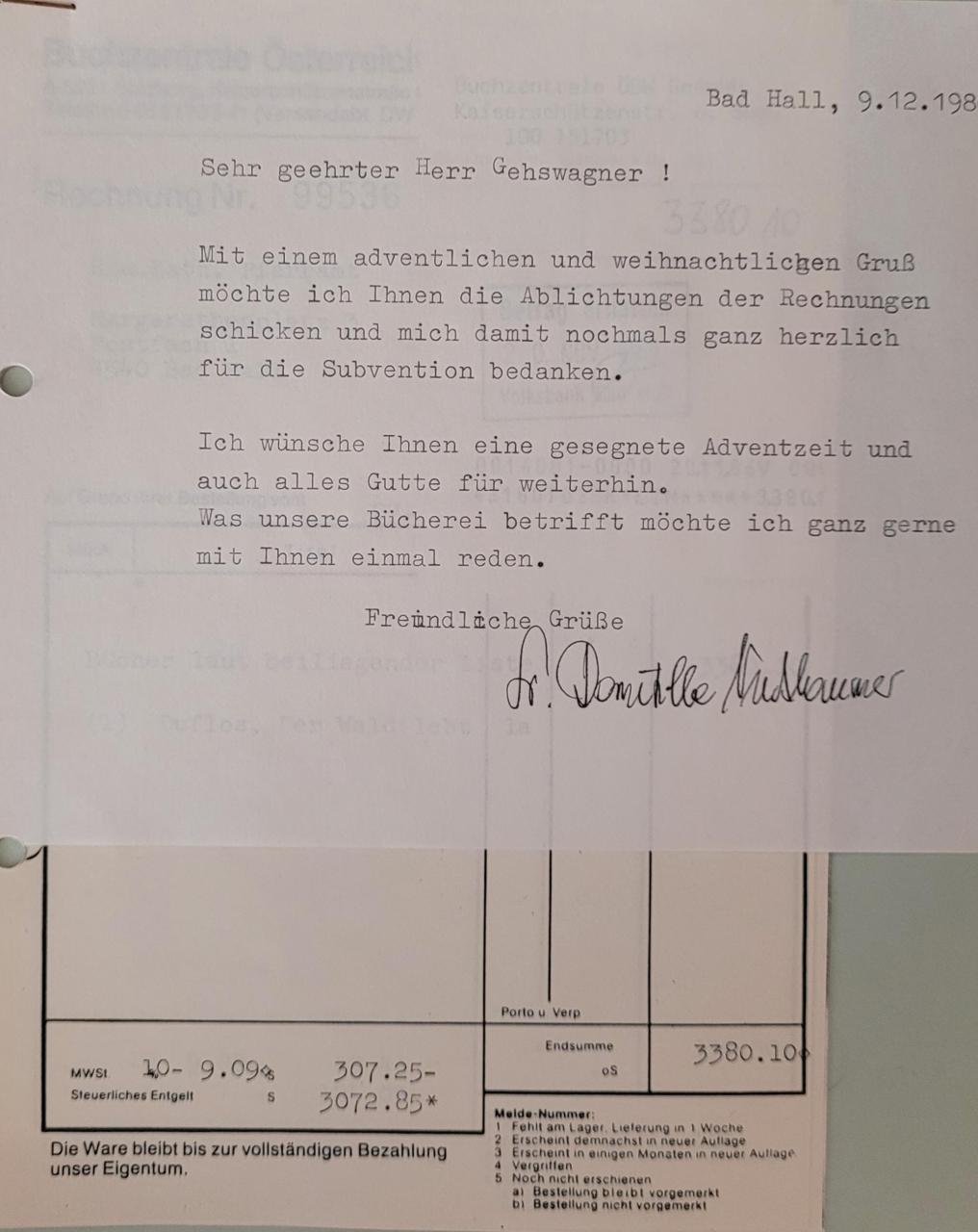 Rechnungsnachweis f. Subvention 1986