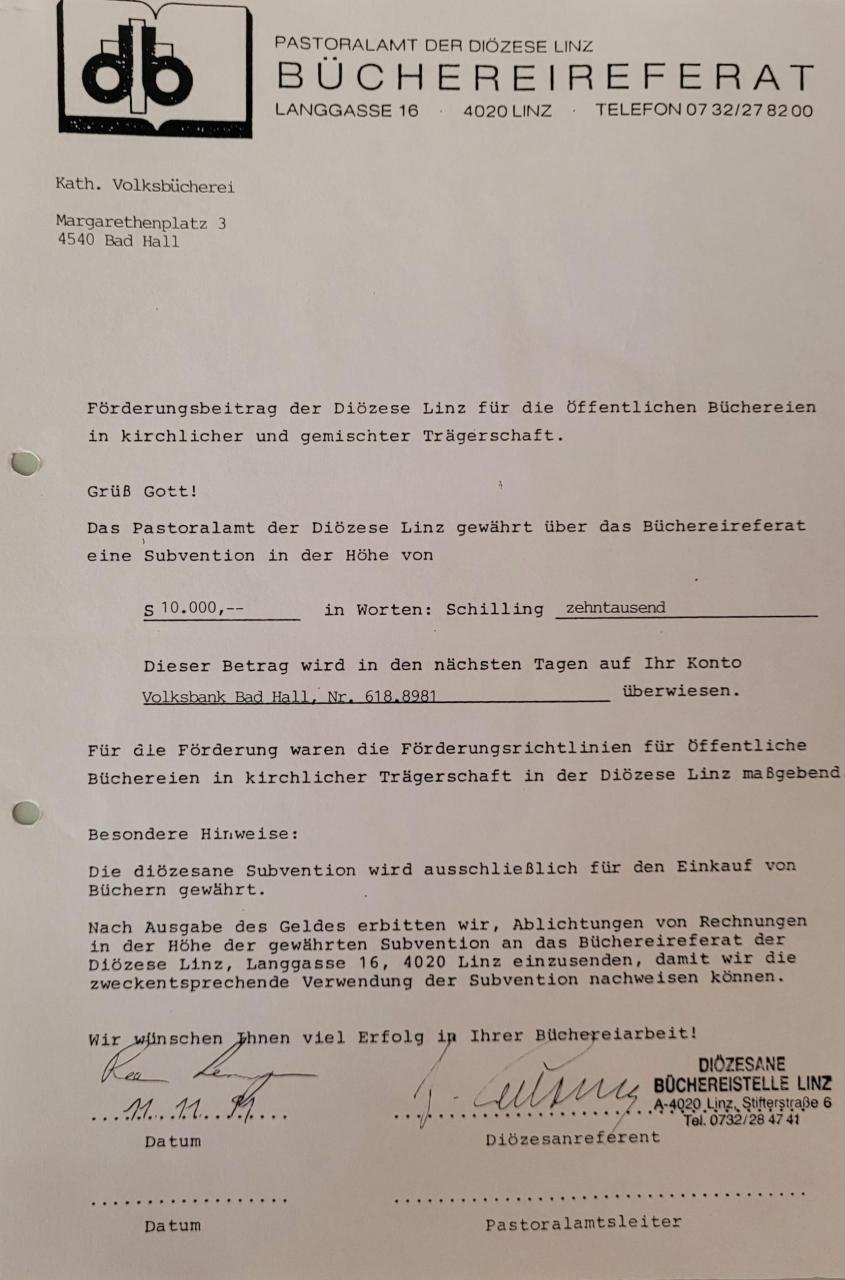 Subventionsbewilligung 1991