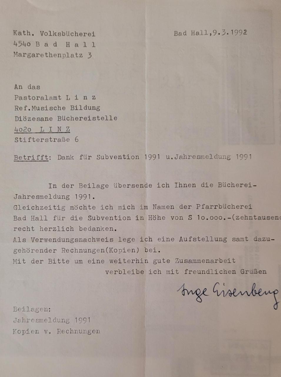 Rechnungsnachweis f. Subvention 1991