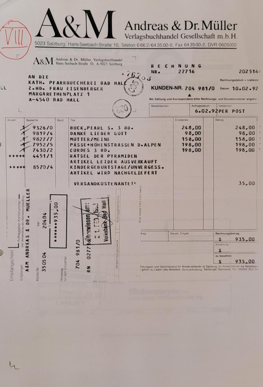 Rechnungsnachweis Rg5 f. Subvention 1991