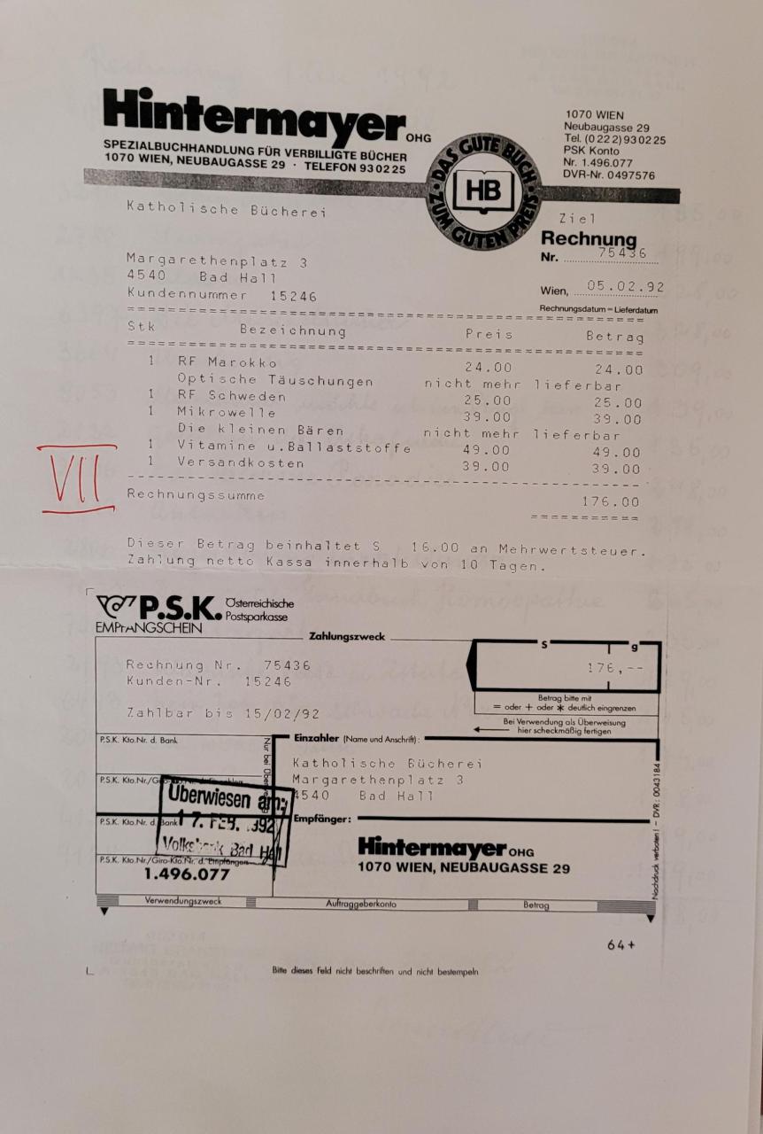 Rechnungsnachweis Rg6 f. Subvention 1991
