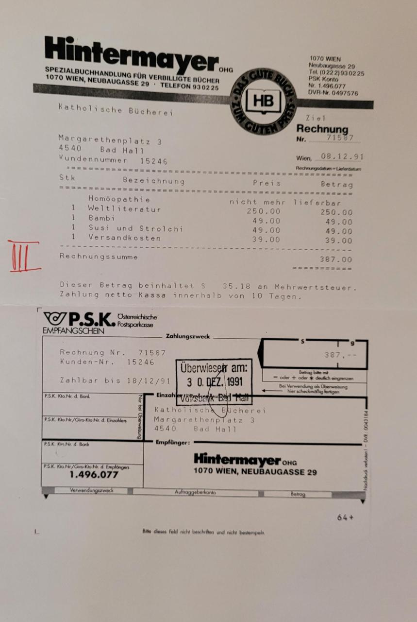 Rechnungsnachweis Rg8 f. Subvention 1991
