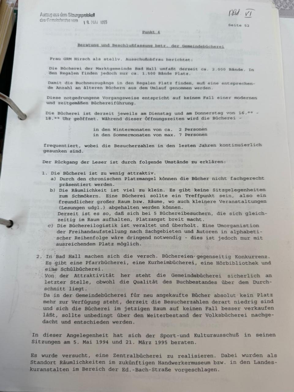 Gemeindebeschluss Auflassung Gemeindebücherei 1995