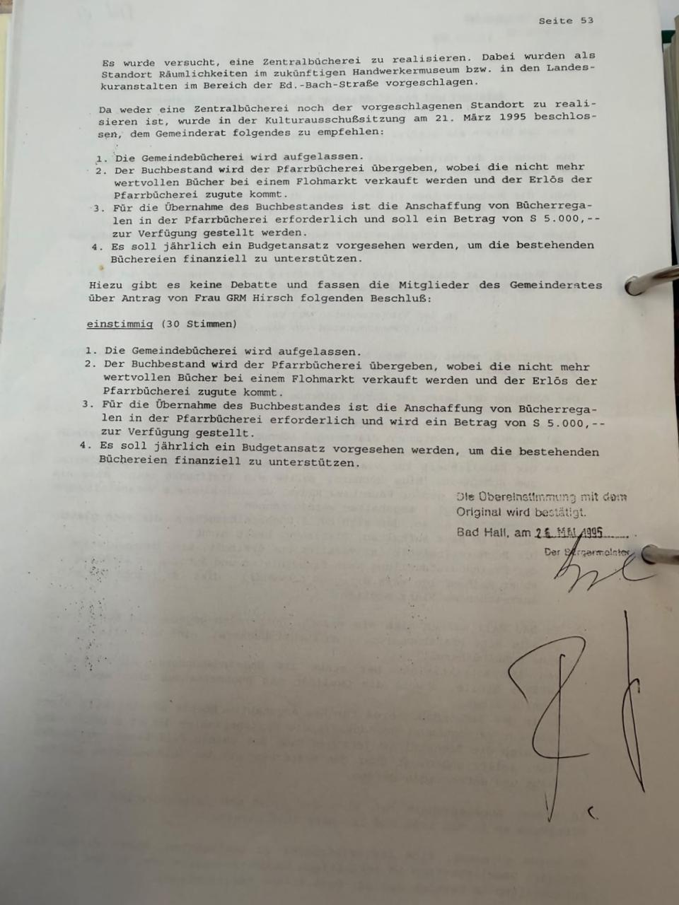 Gemeindebeschluss Auflassung Gemeindebücherei 1995